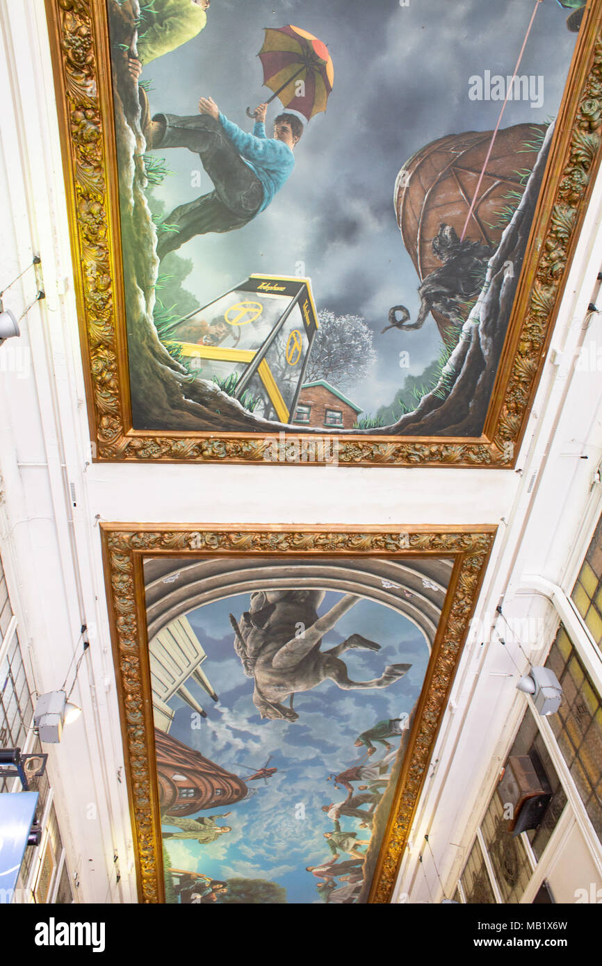 Painted murals by artist Paul Maxfield in Piccadilly arcade ceiling, New Street, Birmingham, UK Stock Photo