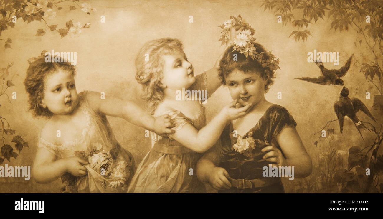 Cute girls playing vintage illustration Stock Photo