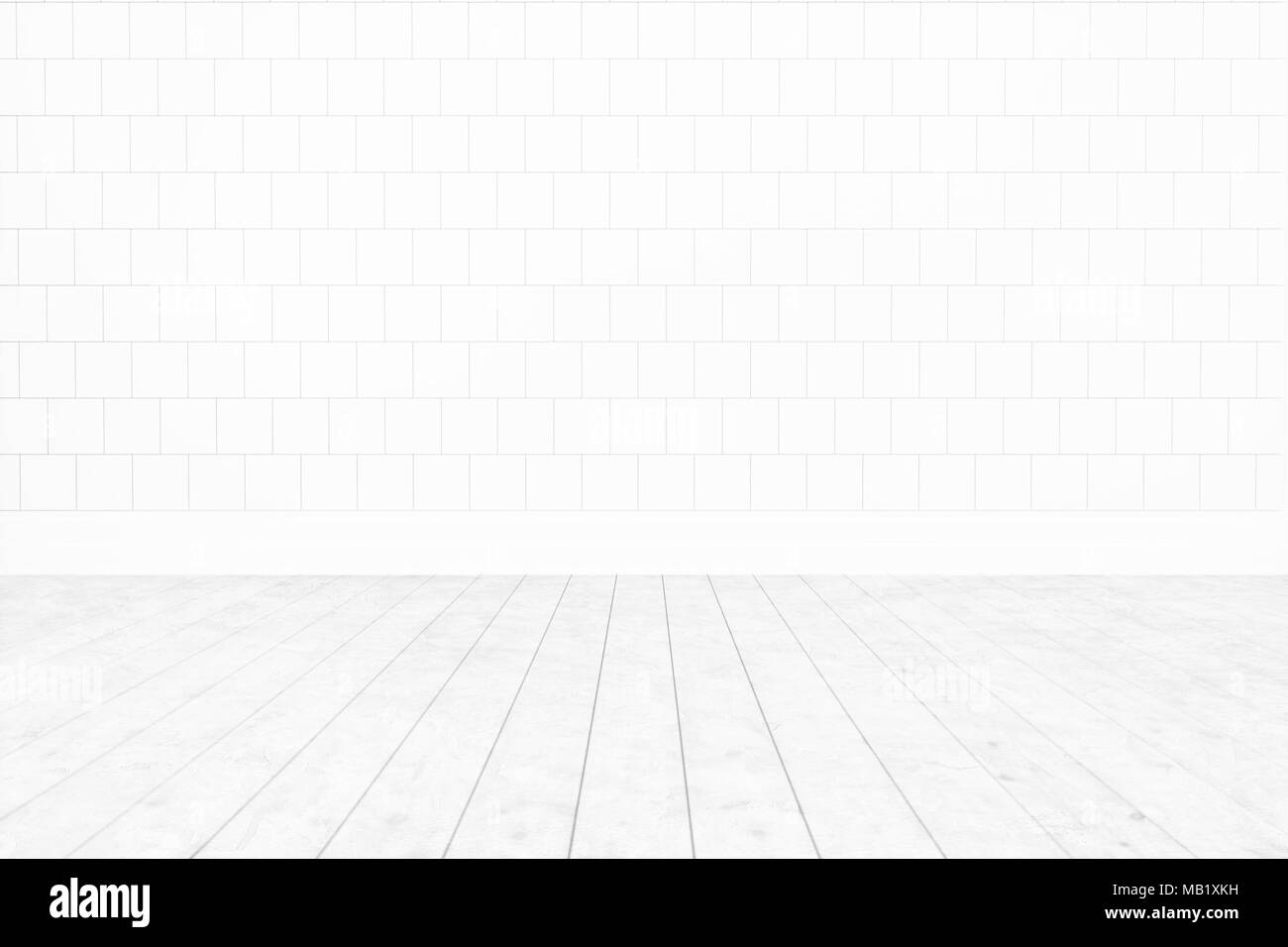 Blank room white tile wall ,white wooden floor minimal interior background for design,3D rendering Stock Photo