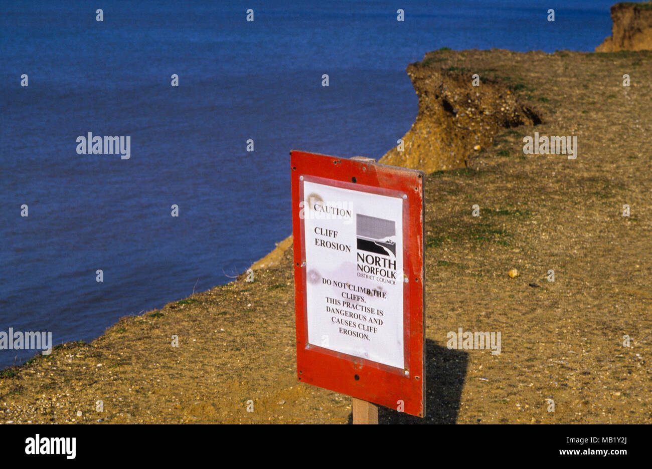 Danger Cliff Erosion Sign, Coastal Erosion, nr Sheringham, Norfolk, England, UK, GB. Stock Photo