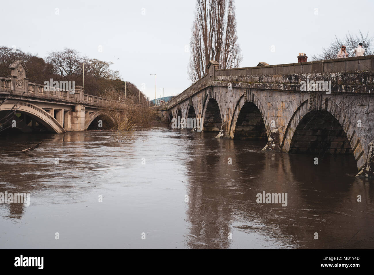 Historic 18th century footbridge and 20th century road bridge at Atcham, Shropshire, England over flooded River Severn in springtime Stock Photo