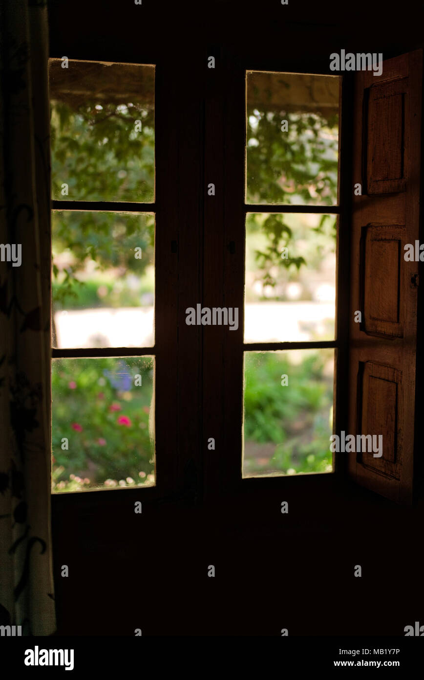 Looking out into the garden during the early morning. Matetic vineyards, Chile. Stock Photo