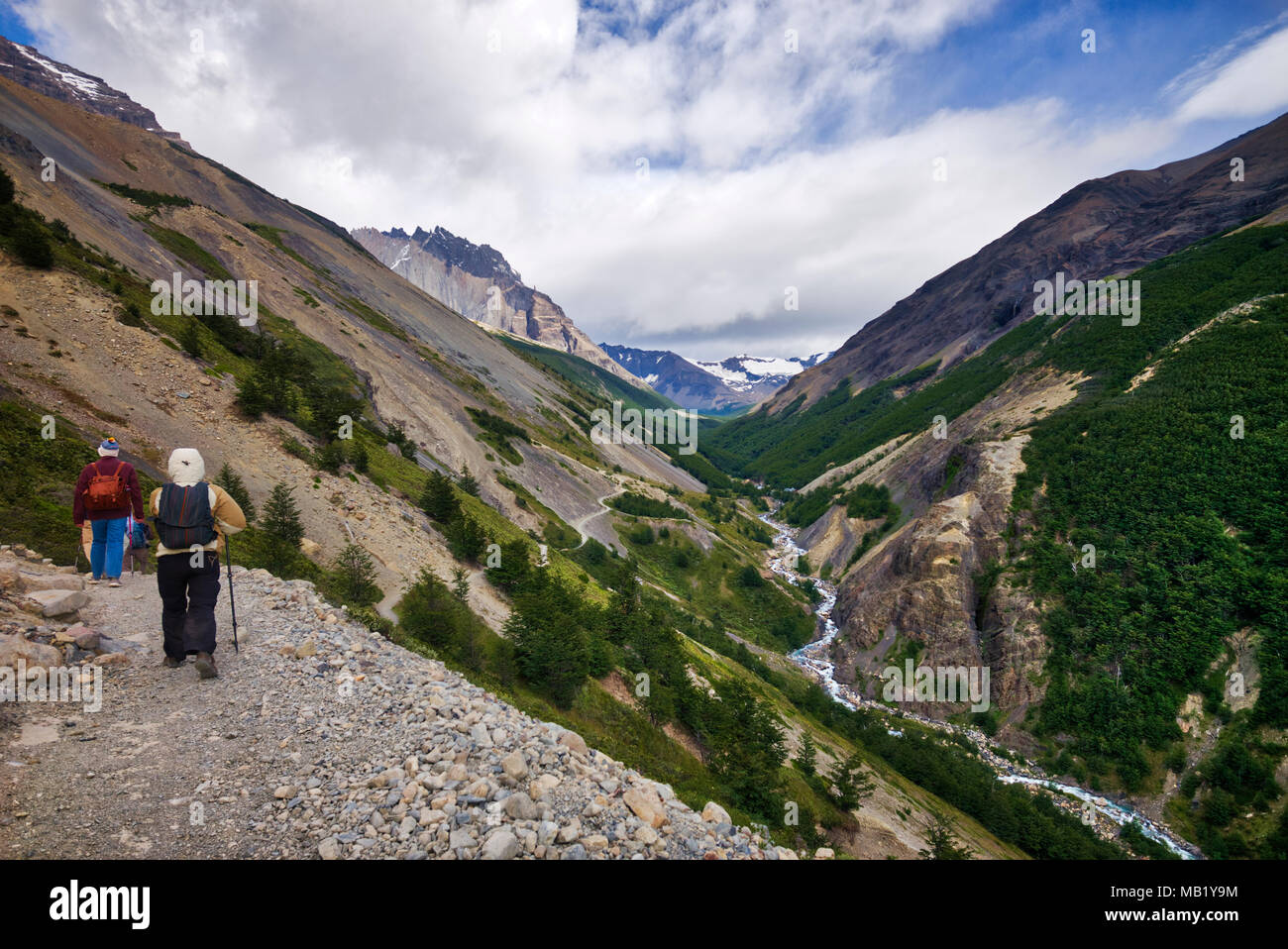 Hiking trail in the Ascencio River valley, Patagonia, Chile. Stock Photo