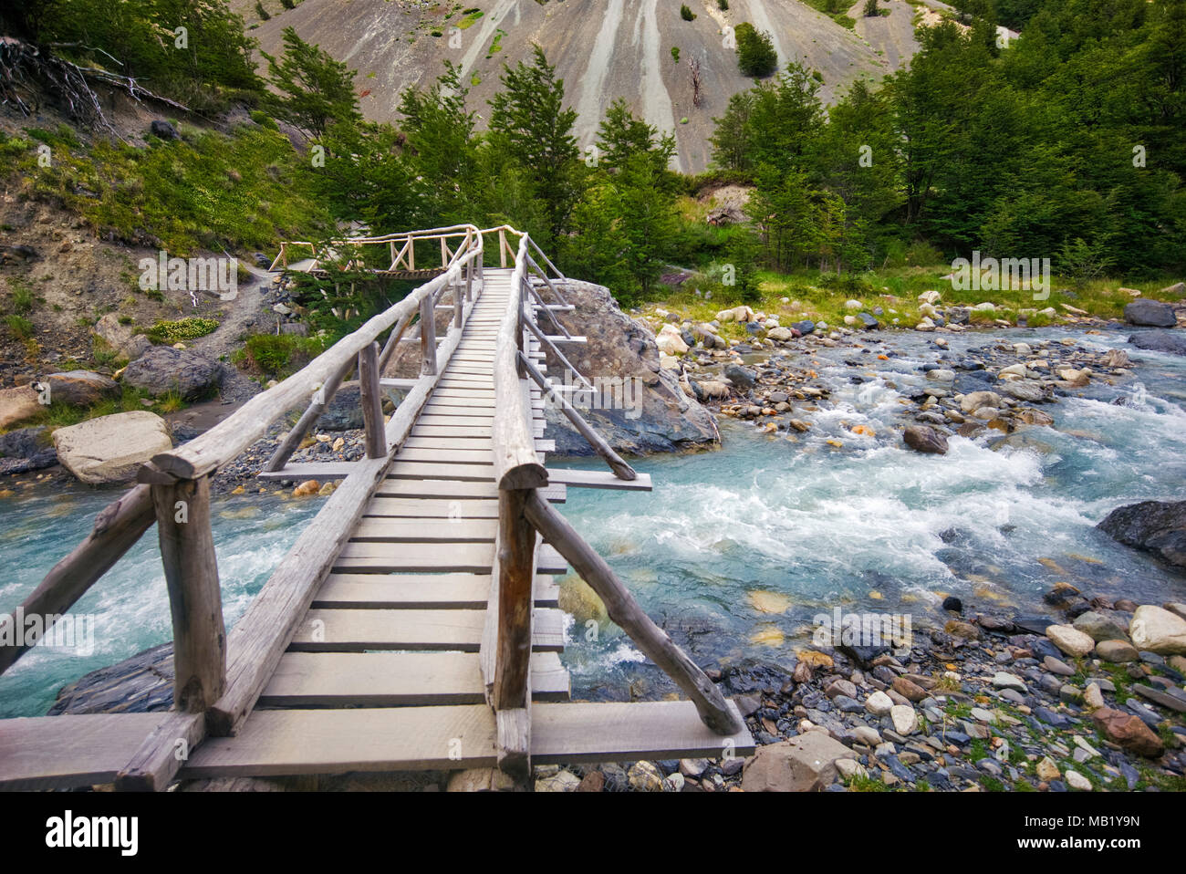 Hiking trail in the Ascencio River valley, Patagonia, Chile. Stock Photo