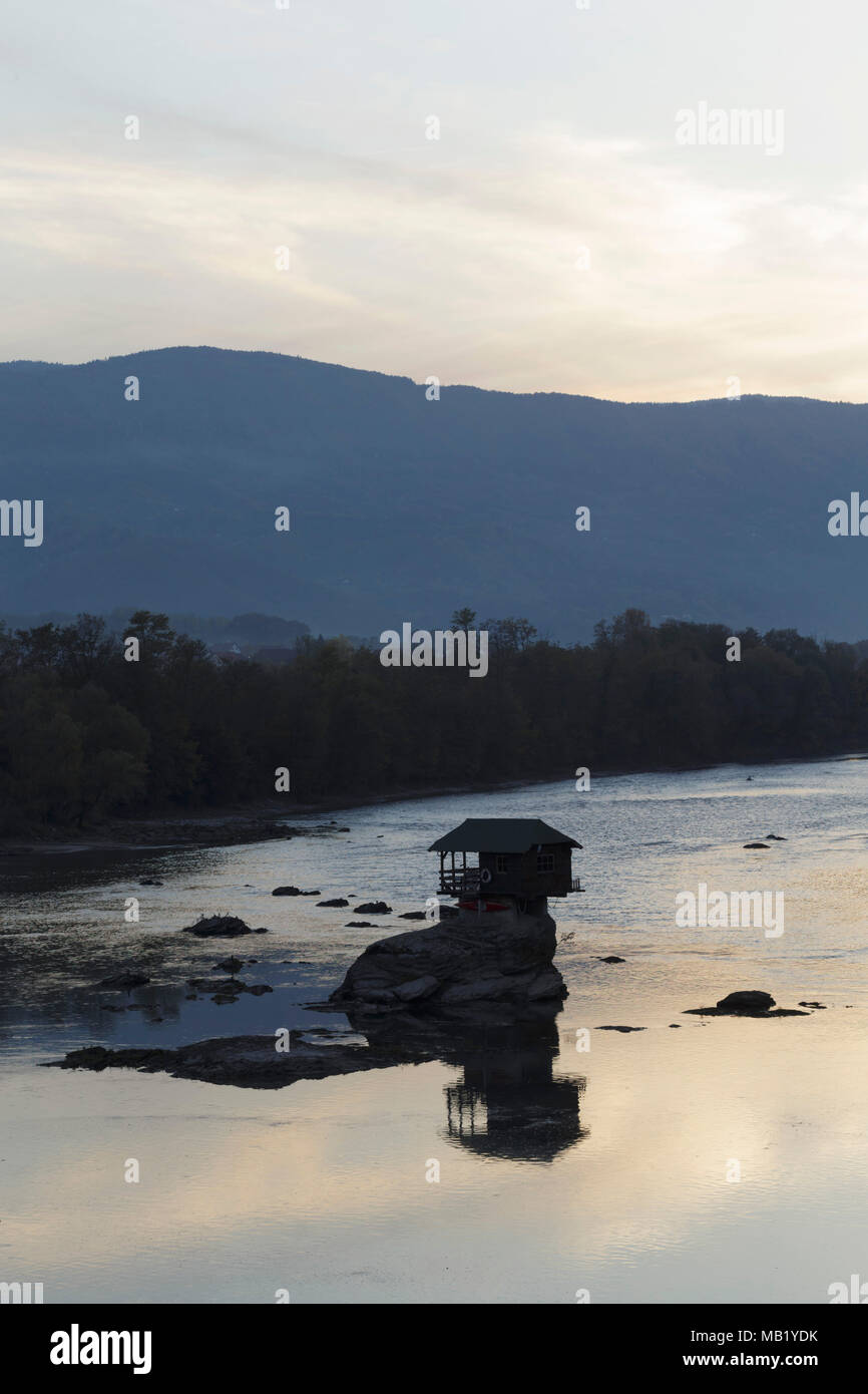 The house on the River Drina, at sunset, Bajina Basta, Serbia, October Stock Photo
