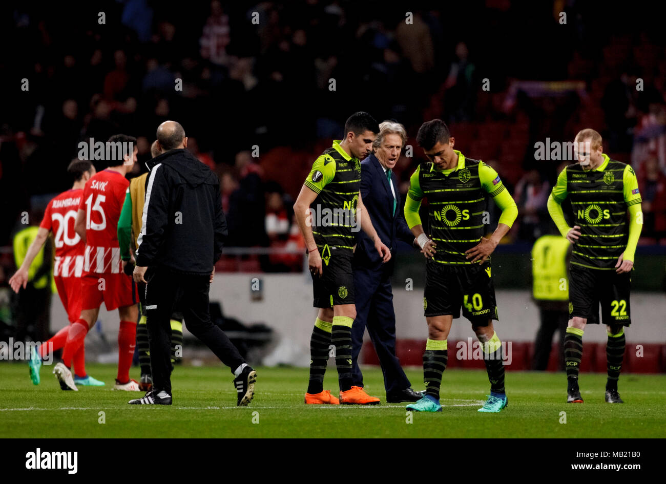 Jorge Jesus of Sporting Portugal talk to his players at the end of the UEFA Europe League 2017/18 quarter finals, first leg match between Atletico de Madrid and Sporting Portugal, at Wanda Metropolitano Stadium in Madrid on April 5, 2018. (Photo by Guille Martinez/Cordon Press) Stock Photo