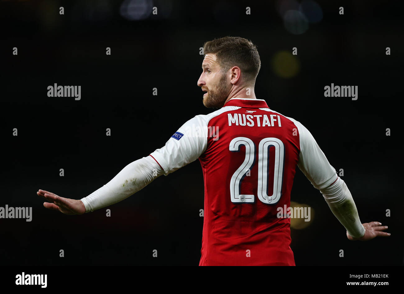 Shkodran Mustafi of Arsenal during the UEFA Europa League Quarter Final first leg match between Arsenal and CSKA Moscow at Emirates Stadium on April 5th 2018 in London, England. (Photo by Arron Gent/phcimages.com) Stock Photo