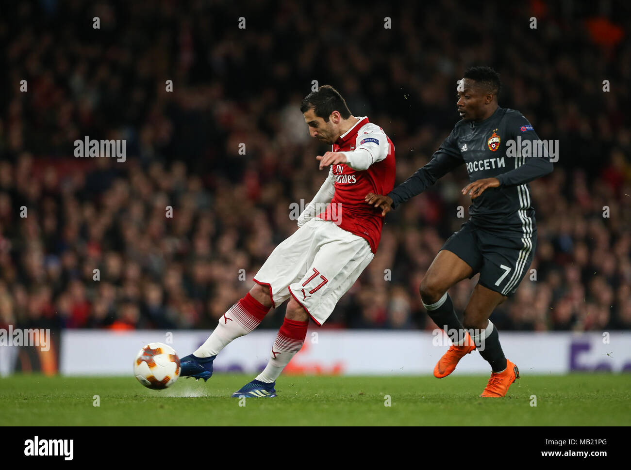 Henrikh Mkhitaryan of Arsenal shoots during the UEFA Europa League Quarter Final first leg match between Arsenal and CSKA Moscow at Emirates Stadium on April 5th 2018 in London, England. (Photo by Arron Gent/phcimages.com) Stock Photo