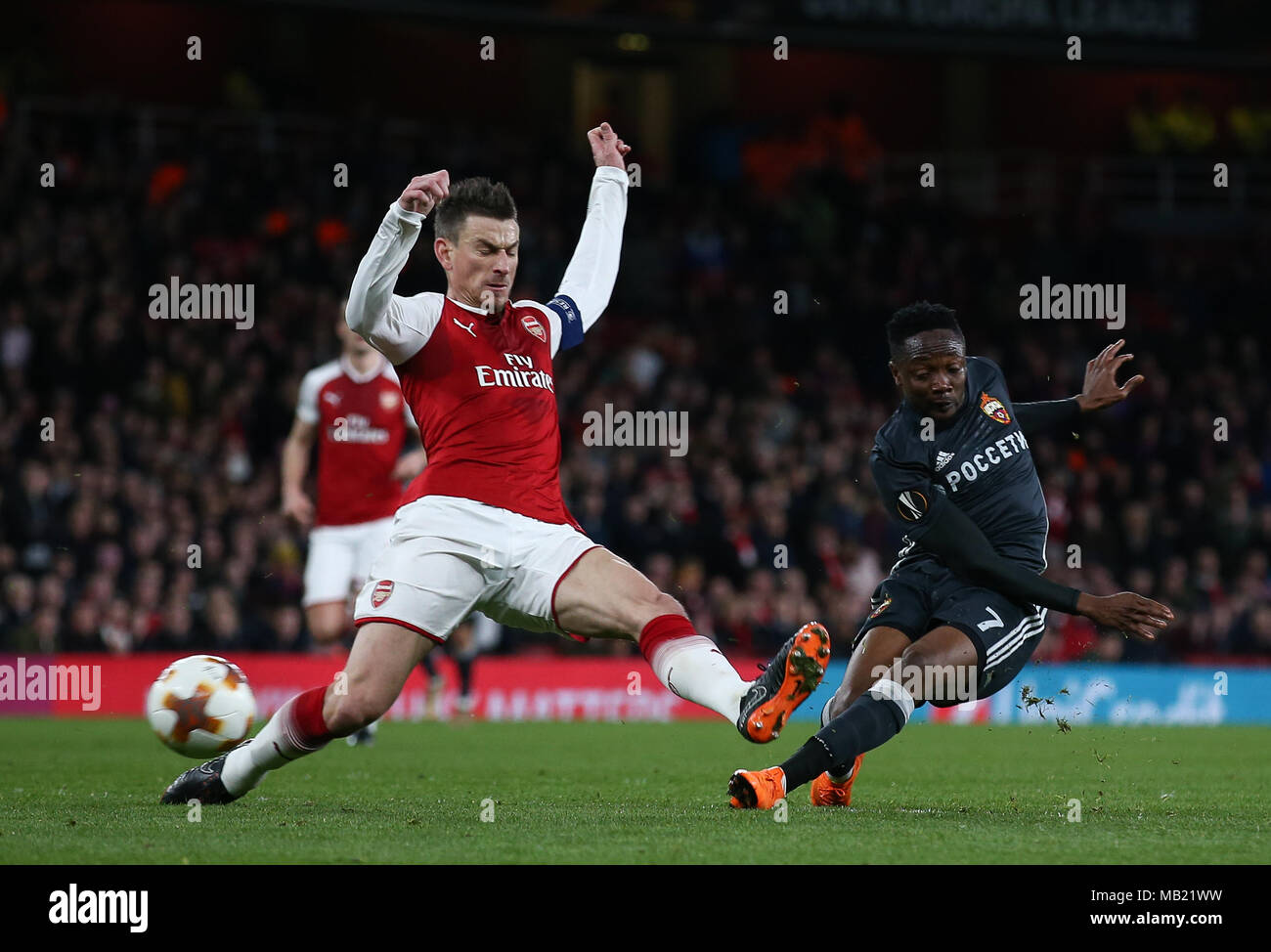 Ahmed Musa of CSKA Moscow gets a shot away during the UEFA Europa League Quarter Final first leg match between Arsenal and CSKA Moscow at Emirates Stadium on April 5th 2018 in London, England. (Photo by Arron Gent/phcimages.com) Stock Photo