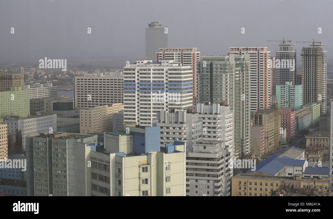 Pyeongyang, NORTH KOREA. 2nd Apr, 2018. March 3, 2018-Pyeongyang, North Korea-The view of downtown from the Pyeongyang Koryo Hotel on the morning. The date approaches, for better or worse. On April 27, the leaders from the two Koreas, technically still at war, will hold a summit at the border. The parties met today to work out security details. To hold talks with South Korean president Moon Jae-in, the leader of North Korea, Kim Jong-un, will take unprecedented steps for a man in his position literally. The summit will be held south of the military demarcation line in the truce village of Pa Stock Photo