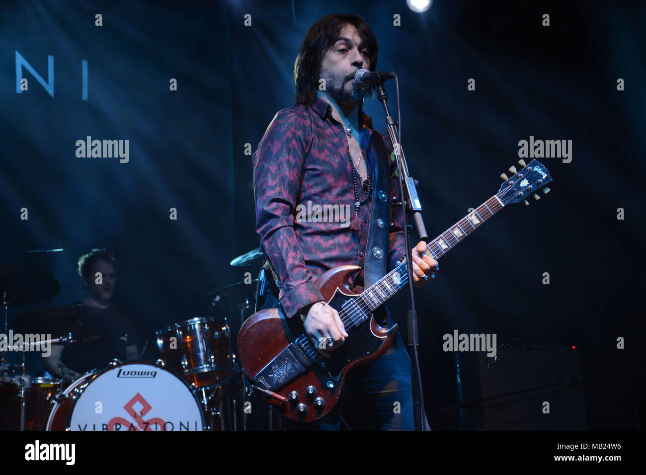 Naples, Italy. 05th Apr. Italian band Le Vibrazioni on the stage during the concert of their 'Club Tour' at Casa della Musica in Naples, Italy. Stock Photo