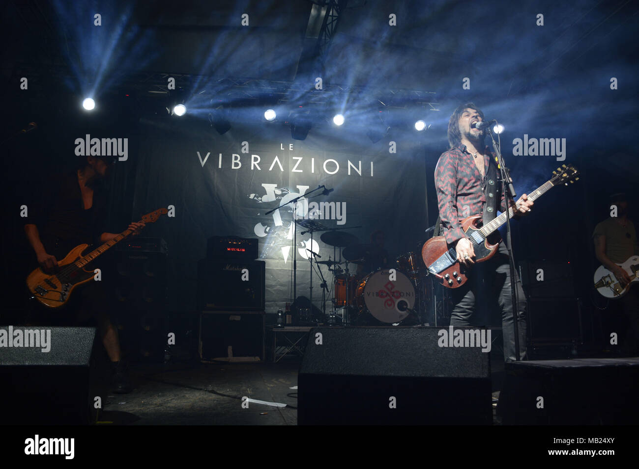 Naples, Italy. 05th Apr. Italian band Le Vibrazioni on the stage during the concert of their 'Club Tour' at Casa della Musica in Naples, Italy. Stock Photo