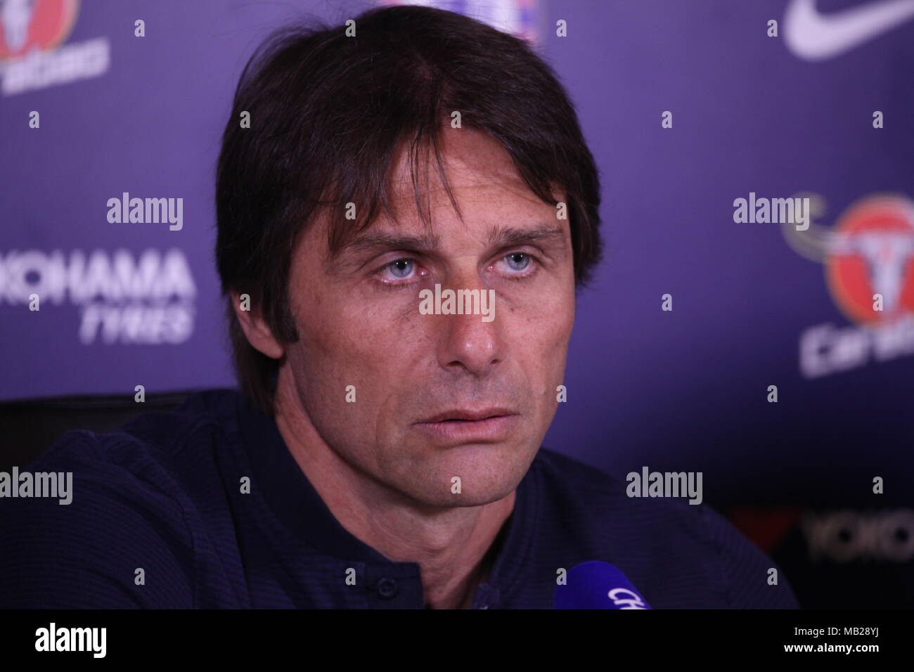Cobham, Surrey, UK  6th Apr, 2018  Antonio Conte, Chelsea Football Club's Manager, discusses his teams prospects in the  Premier League game against West Ham United FC., on Sunday. Credit: Motofoto/Alamy Live News Stock Photo
