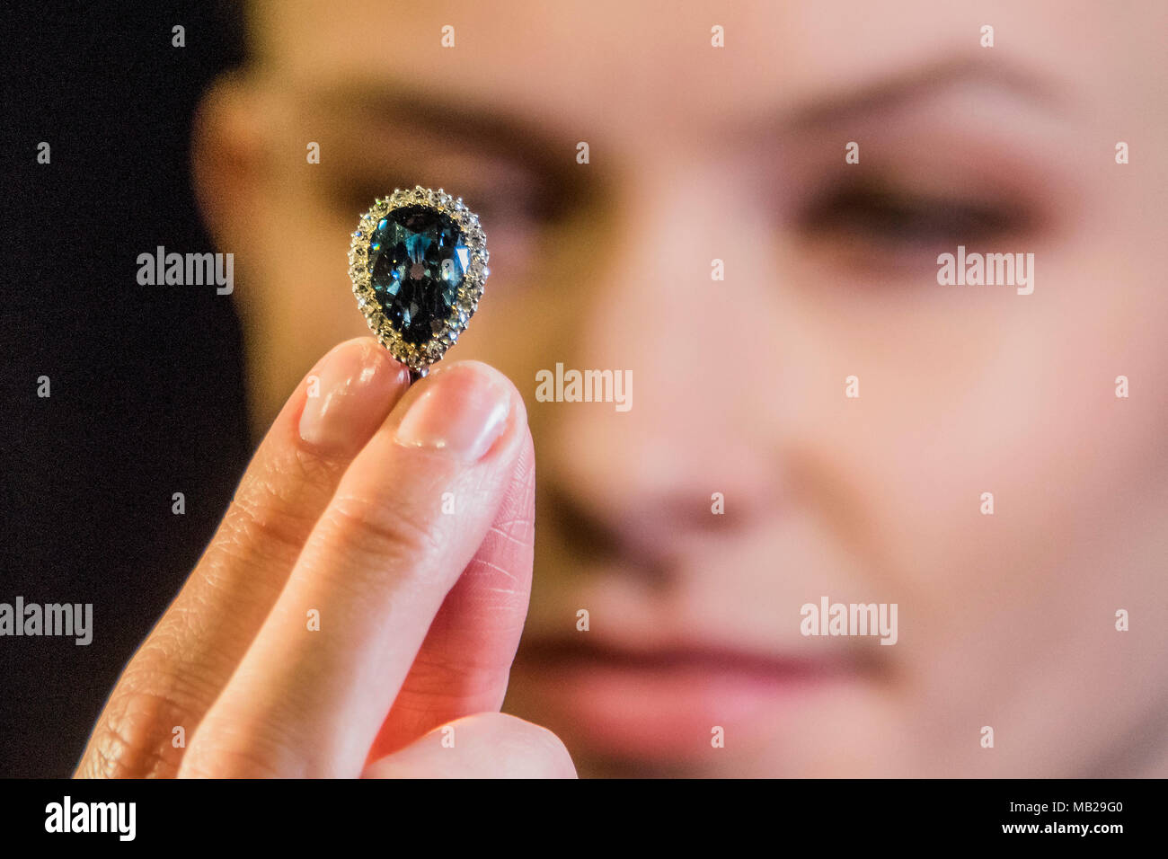 London, UK. 6th Apr, 2018. The Farnese Blue – will appear on the market for the first time in history this spring, after having remained in the same family for over three centuries. Given to Elisabeth Farnese, Queen of Spain (1692-1766). The 6.16-carat pear shaped blue diamond has an estimate of CHF 3.5 - 5 million (US$ 3.7 - 5.3 million) - Diamonds to be offered in Sotheby’s Geneva sale of Magnificent Jewels and Noble Jewels on 15 May. on display at Sotheby’s New Bond Street, London. Credit: Guy Bell/Alamy Live News Stock Photo