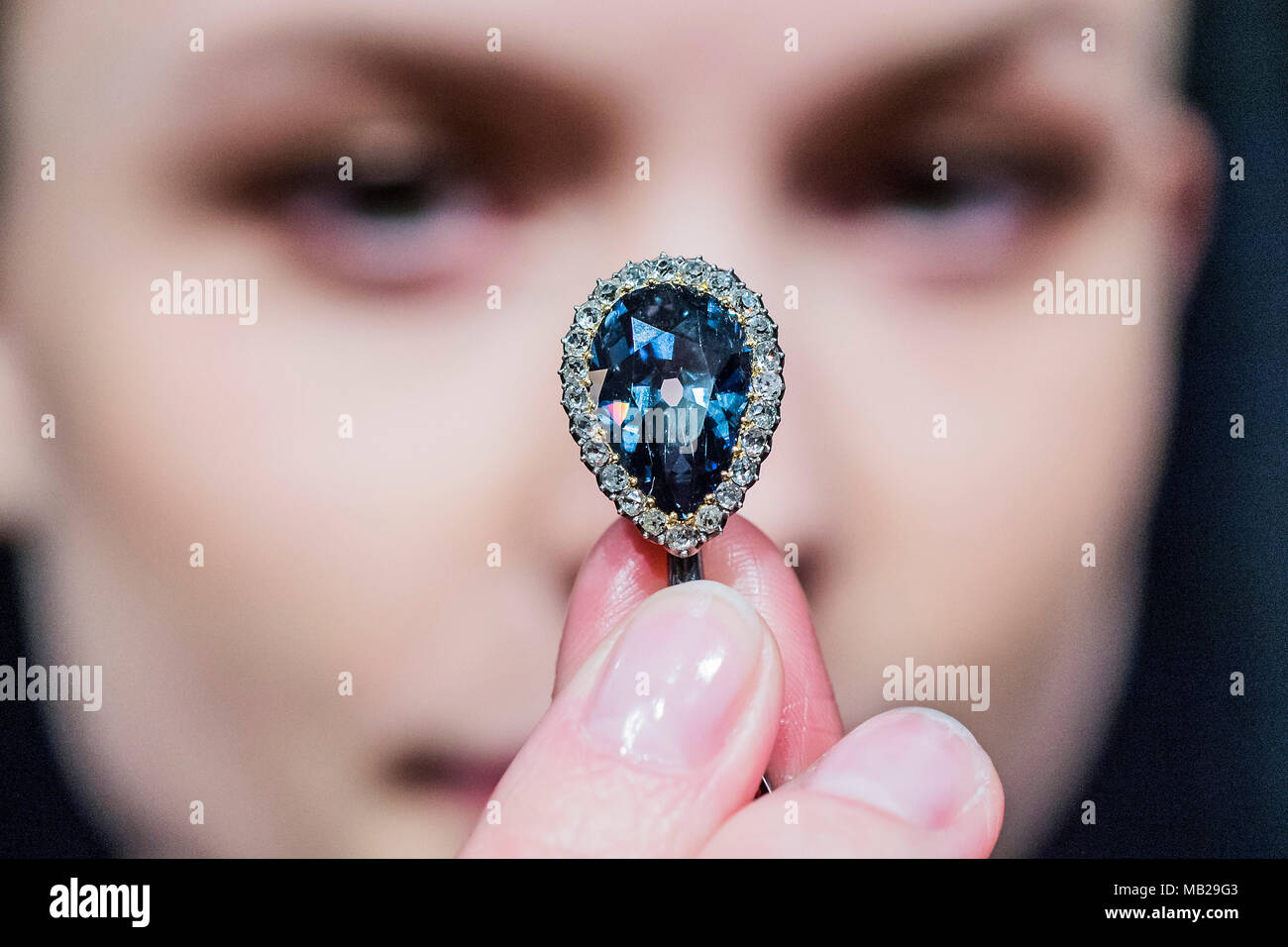 London, UK. 6th Apr, 2018. The Farnese Blue – will appear on the market for the first time in history this spring, after having remained in the same family for over three centuries. Given to Elisabeth Farnese, Queen of Spain (1692-1766). The 6.16-carat pear shaped blue diamond has an estimate of CHF 3.5 - 5 million (US$ 3.7 - 5.3 million) - Diamonds to be offered in Sotheby’s Geneva sale of Magnificent Jewels and Noble Jewels on 15 May. on display at Sotheby’s New Bond Street, London. Credit: Guy Bell/Alamy Live News Stock Photo