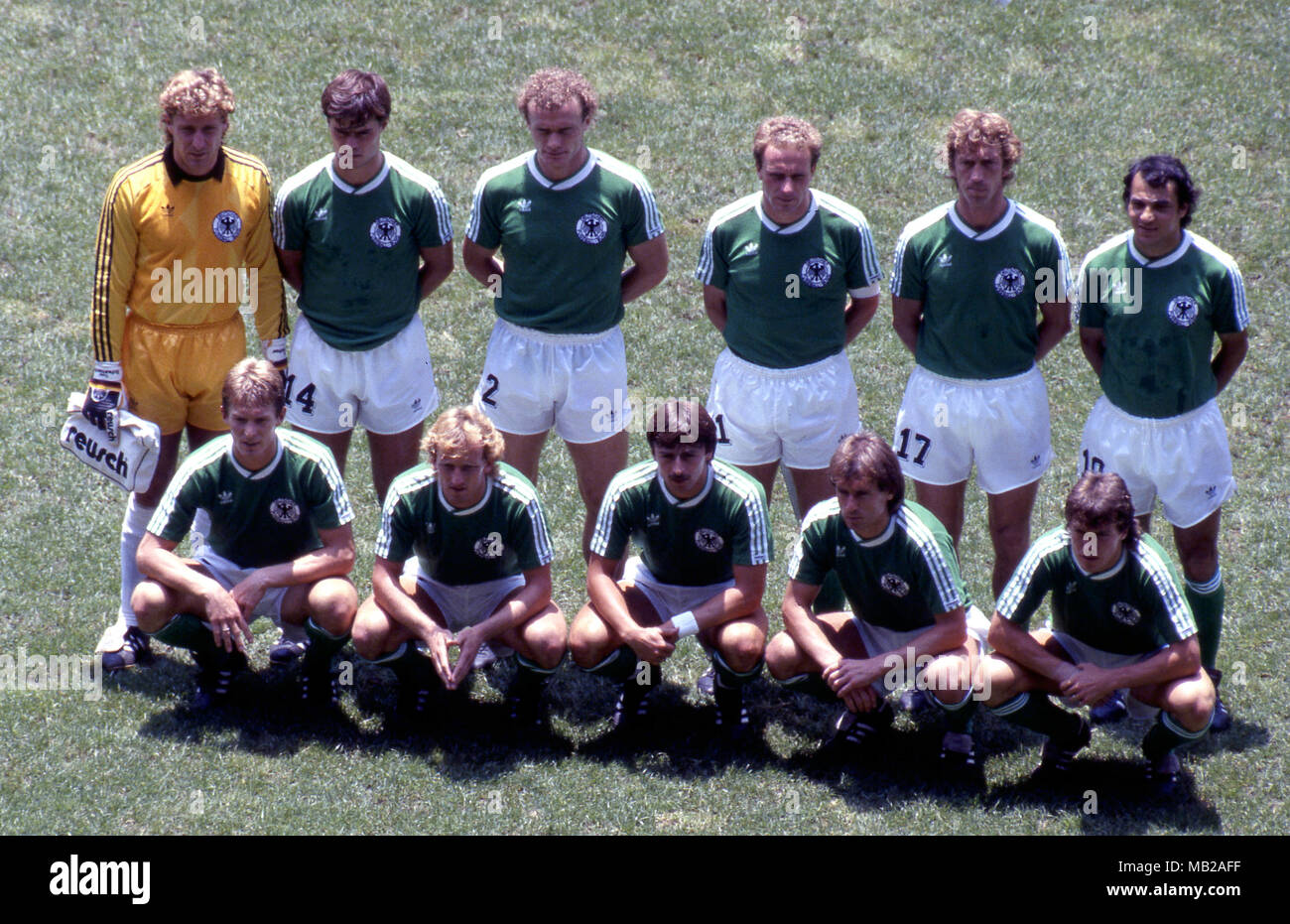 FIFA World Cup - Mexico 1986 29.6.1986, Estadio Azteca, Mexico, D.F. Final Argentina v West Germany. Germany starting line up, back row, left to right: Harald Schumacher, Thomas Berthold, Hans-Peter Briegel, Karl-Heinz Rummenigge, Ditmar Jakobs, Felix Magath. Front, l to r: Karlheinz Fster, Andreas Brehme, Klaus Allofs, Norbert Eder, Lothar Matths. Stock Photo