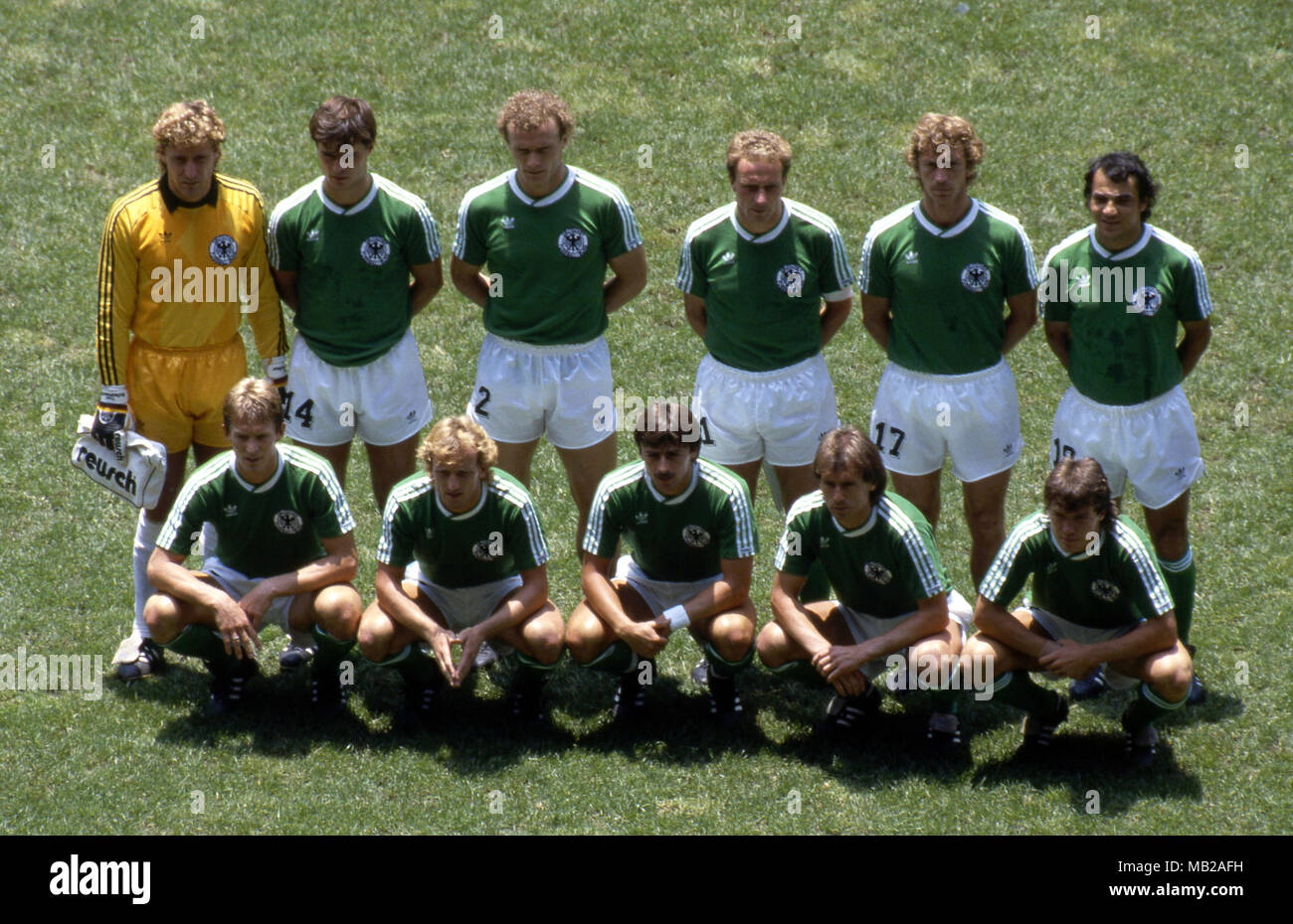 FIFA World Cup - Mexico 1986 29.6.1986, Estadio Azteca, Mexico, D.F. Final Argentina v West Germany. Germany starting line up, back row, left to right: Harald Schumacher, Thomas Berthold, Hans-Peter Briegel, Karl-Heinz Rummenigge, Ditmar Jakobs, Felix Magath. Front, l to r: Karlheinz Fster, Andreas Brehme, Klaus Allofs, Norbert Eder, Lothar Matths. Stock Photo