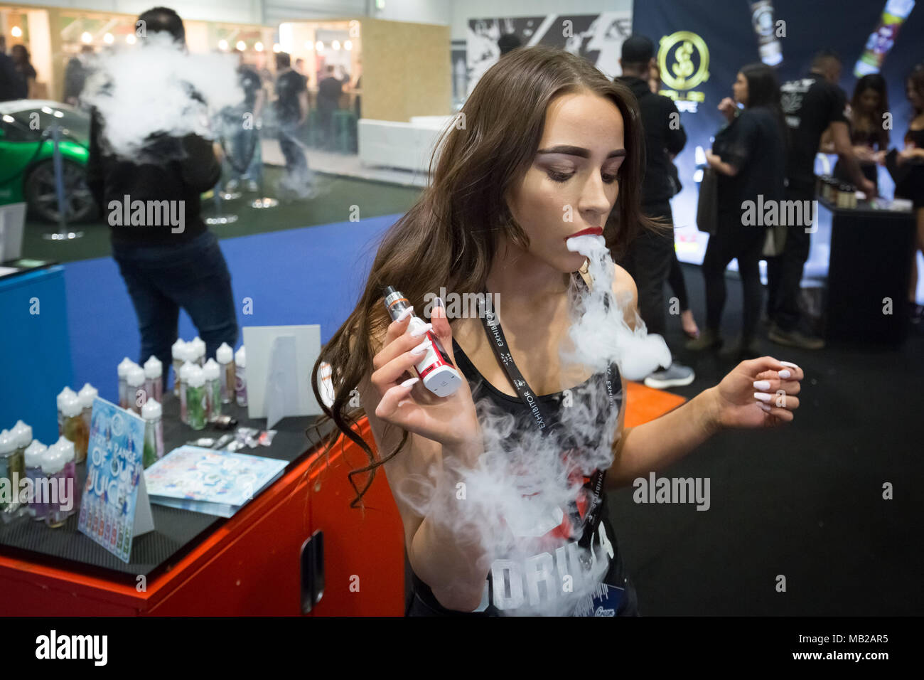 London, UK. 6th April, 2018. Vape Jam UK sees hundreds of vaping  enthusiasts and electronic cigarette businesses attend the fourth  instalment of Vape Jam convention at ExCeL London.  Guy Corbishley/Alamy  Live