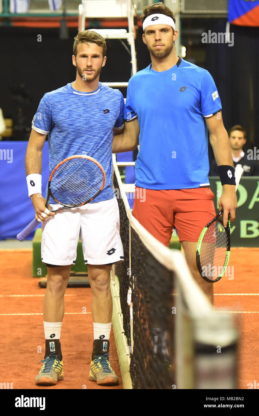 Ostrava, Czech Republic. 06th Apr, 2018. Israeli tennis player Edan Leshem  (left) and Czech tennis player Jiri Vesely pose together during the 2nd  round of Europe/Africa Zone of Tennis Davis Cup match: