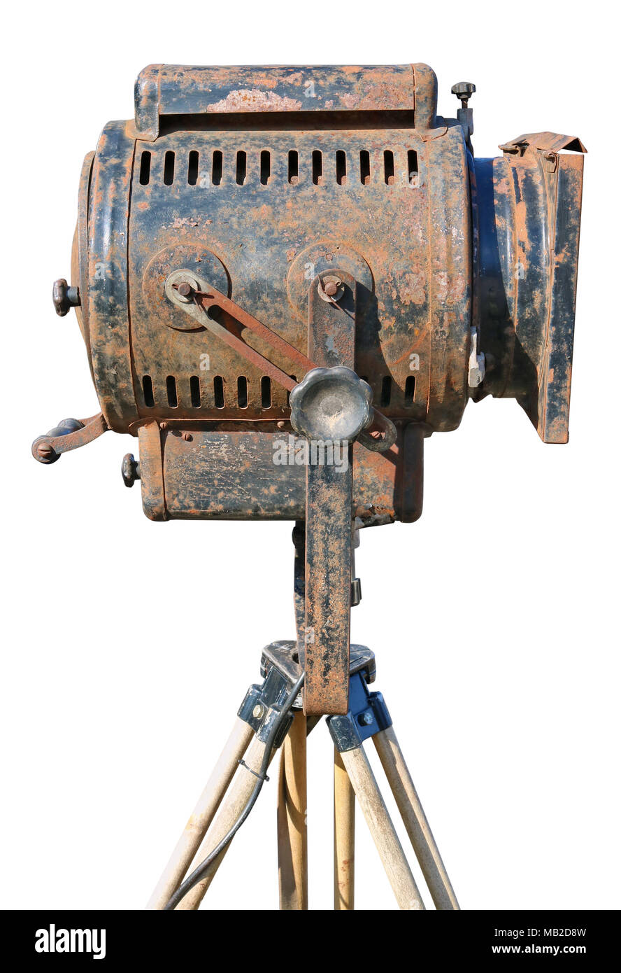 A rusty vintage retro cinema spotlight projector on wooden tripod - right  side view. Isolated on white with patch outdoor sunny day shot Stock Photo  - Alamy