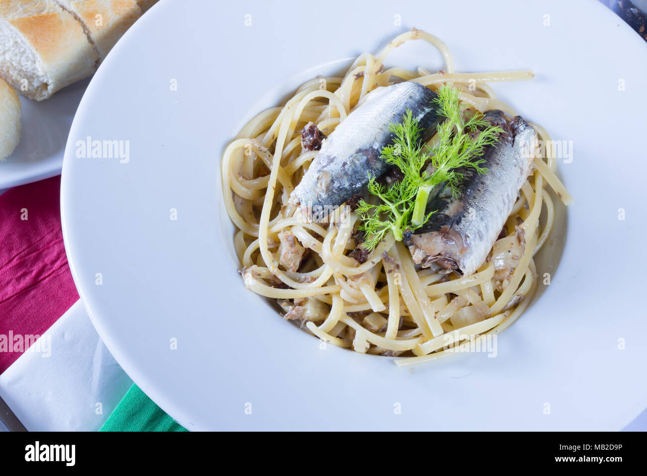 A traditional Sicilian dish of Pasta con le Sarde, Sardines and