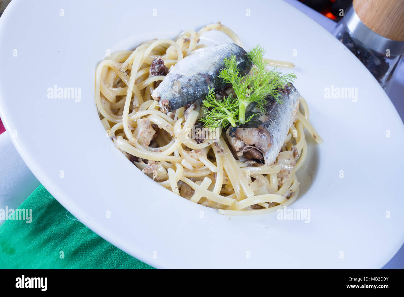 A traditional Sicilian dish of Pasta con le Sarde, Sardines and