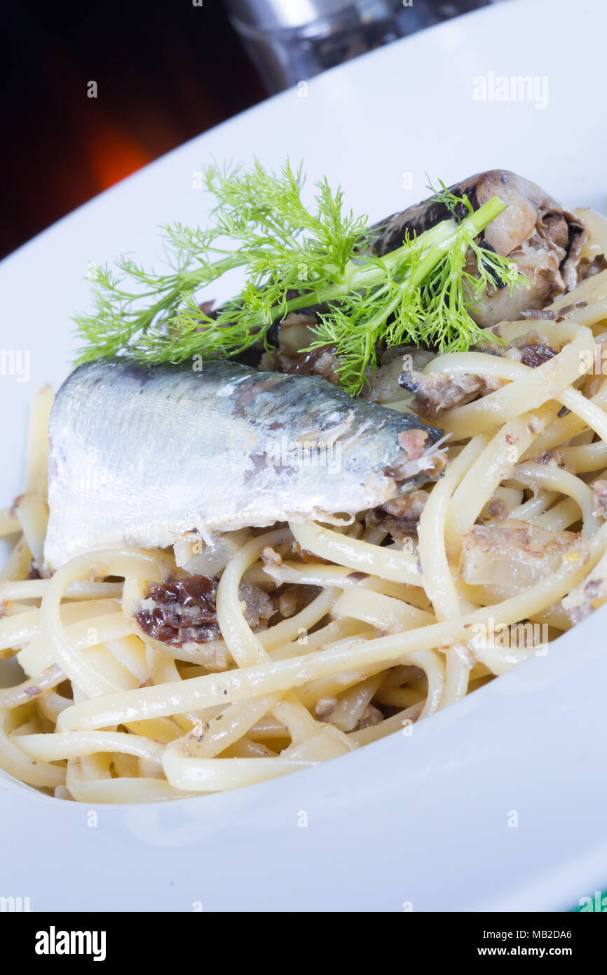 A traditional Sicilian dish of Pasta con le Sarde, Sardines and