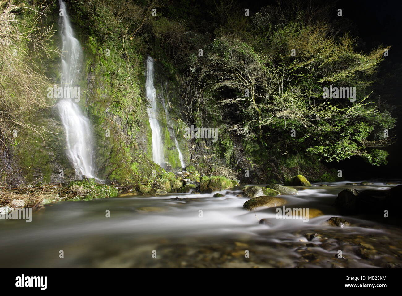 Night waterfall flow Stock Photo