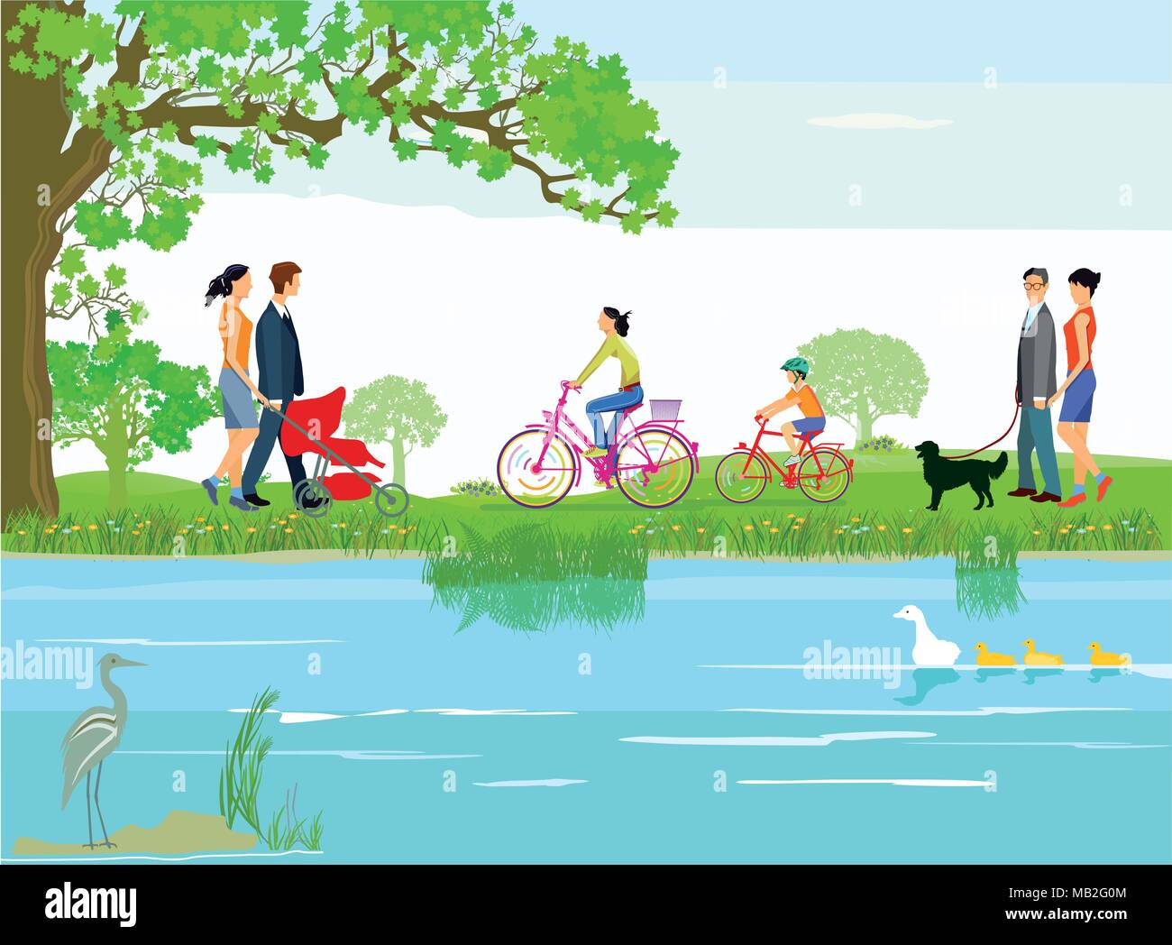 Families relax by the lake Stock Vector