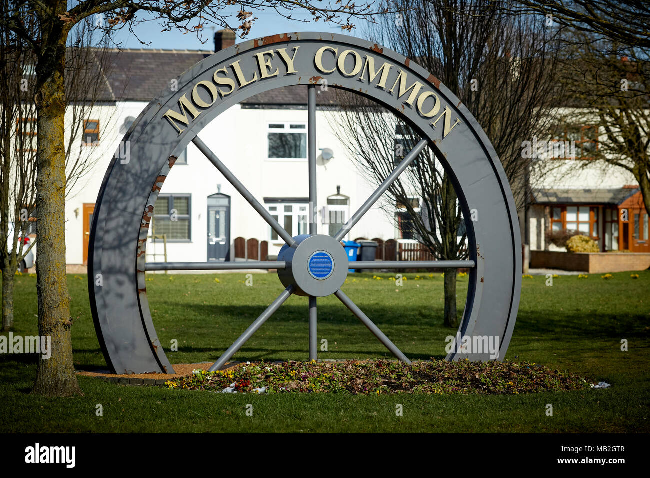 The Mosley Common Wheel, Mining history near Leigh, the village green Greater Manchester, marking the site of Mosley Colliery Stock Photo
