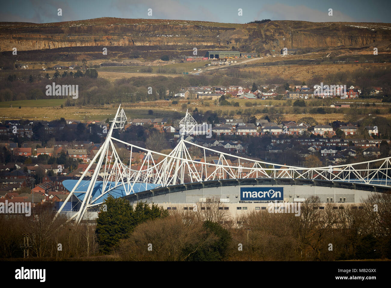 BWFC - Exterior of Bolton Wanderers FC Macron Stadium with Winter Hill behind Stock Photo