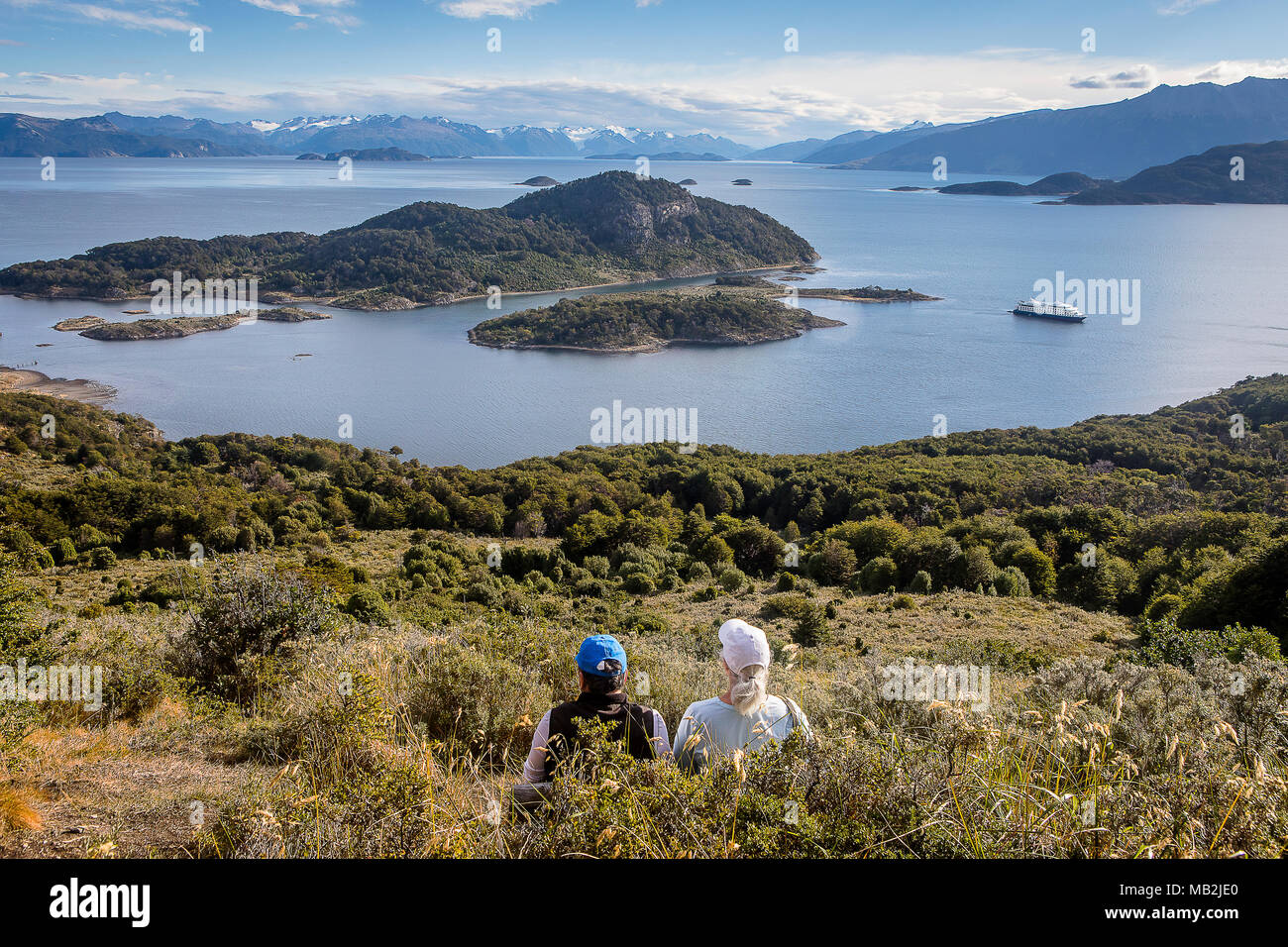 panoramic view of Wulaia Bay, also called Caleta Wulaia, Navarino Island,Tierra de Fuego, Patagonia, Chile Stock Photo