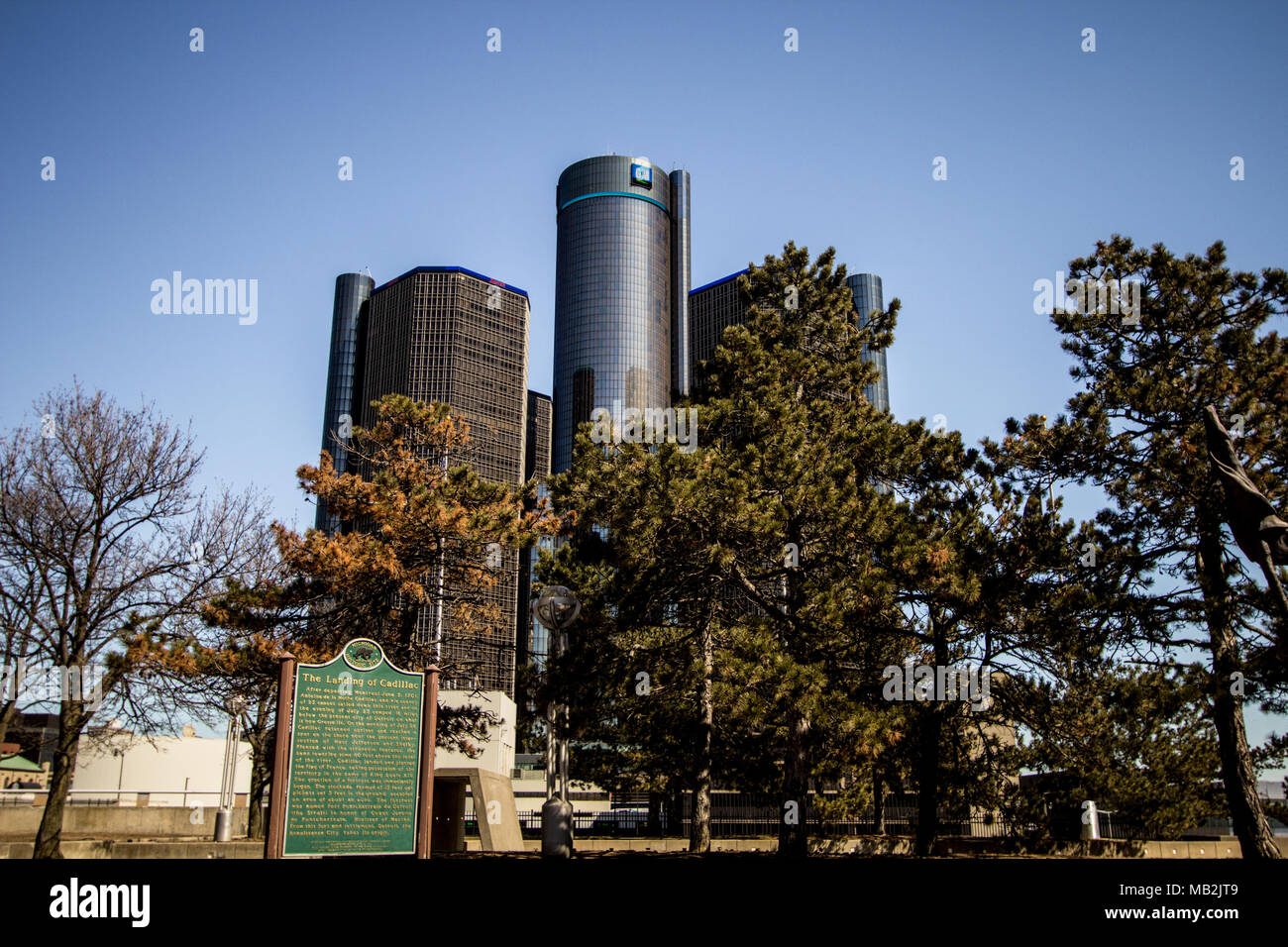 Exterior of the Renaissance Center towers with historical marker about the founding father of Detroit, the French explorer Cadillac. Stock Photo