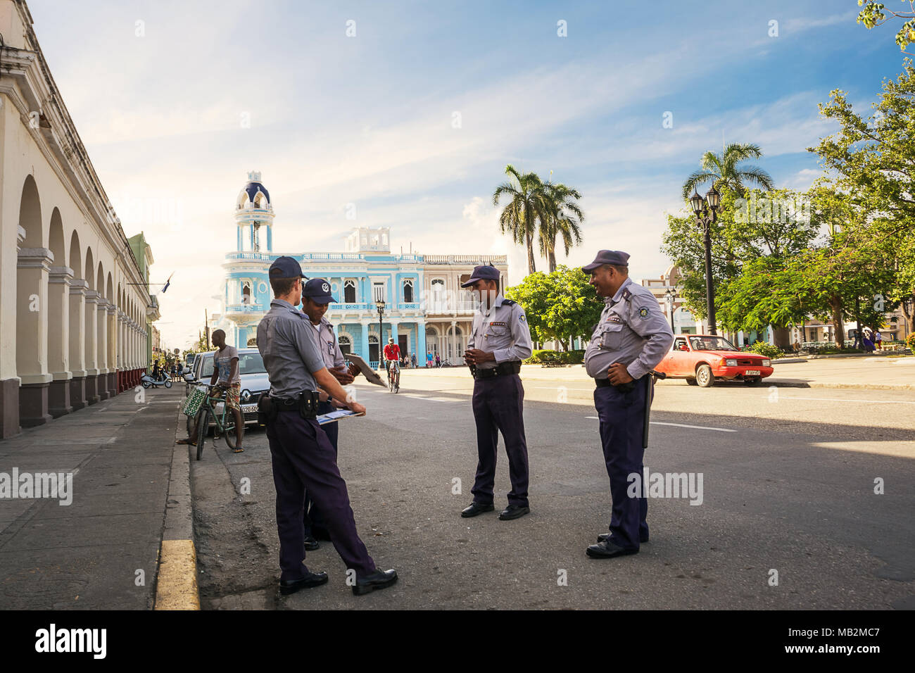 Cienfuegos, Cuba - December 7, 2017: Team of Cuban policemen in the square of Cienfuegos Stock Photo