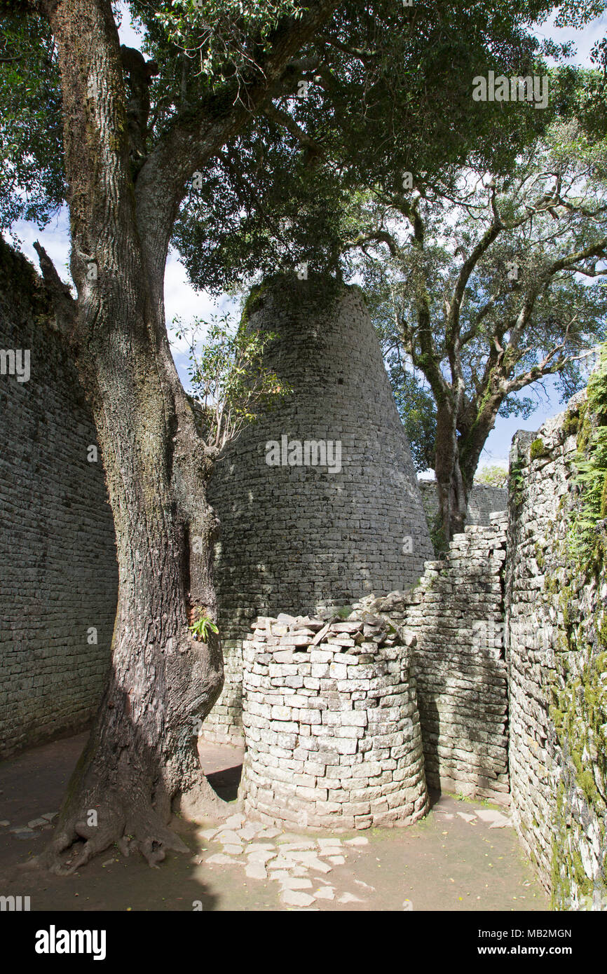 Conical tower at the Great Enclosure in Great Zimbabwe near Masvingo in Zimbabwe. Stock Photo