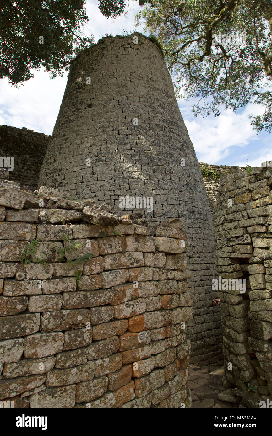Conical tower at the Great Enclosure in Great Zimbabwe near Masvingo in Zimbabwe. Stock Photo