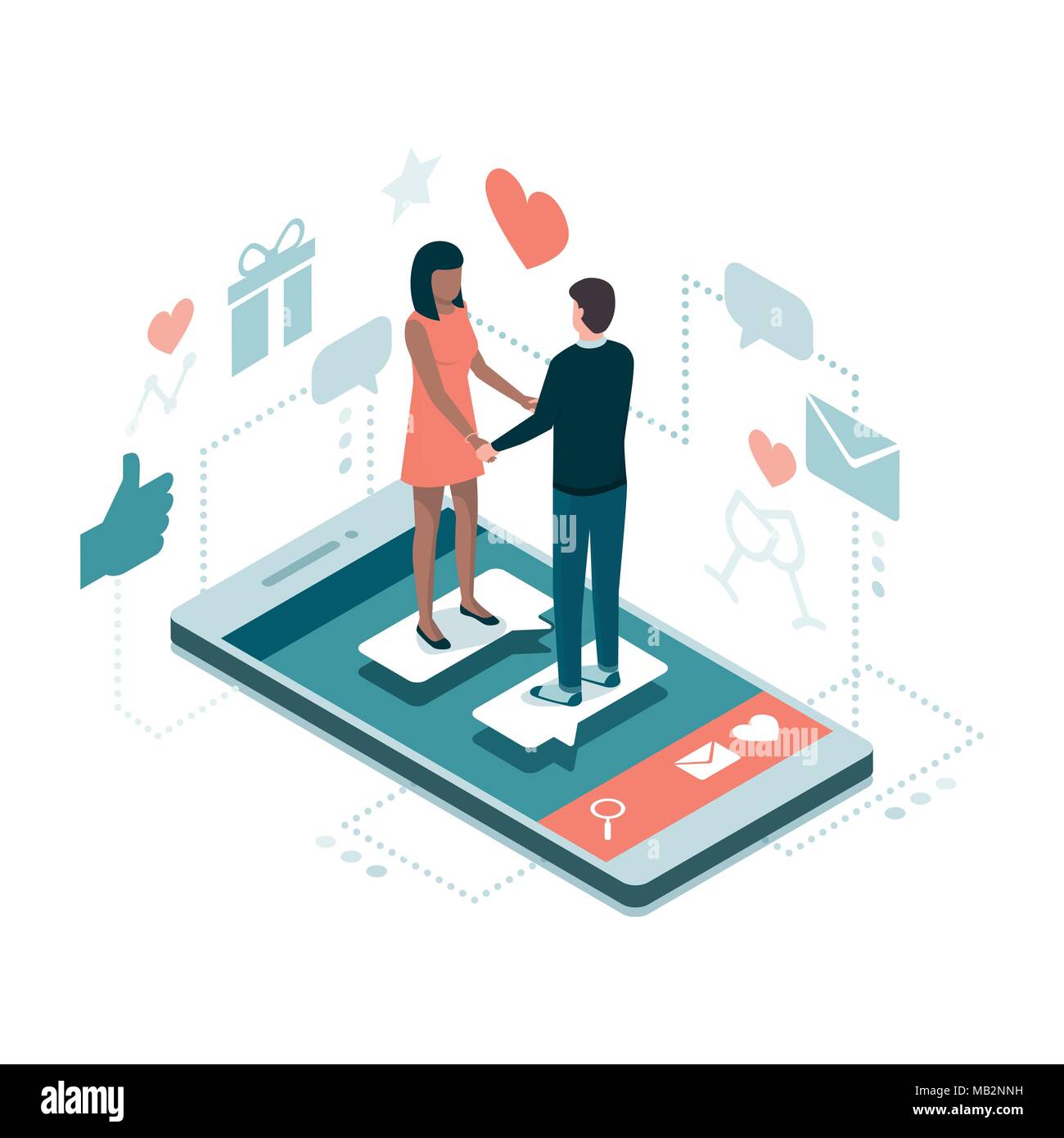 Couple meeting online on a dating website app, they are a perfect match: social media and relationships concept Stock Vector