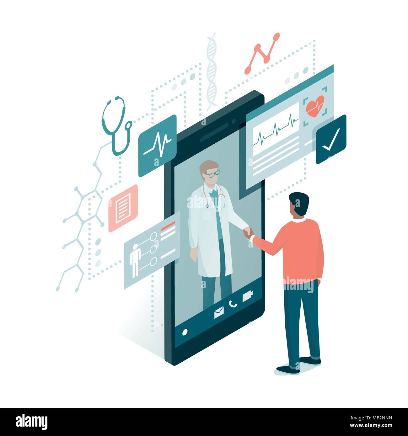 Patient meeting a professional doctor online on a smartphone and shaking hands, online medical consultation concept Stock Vector