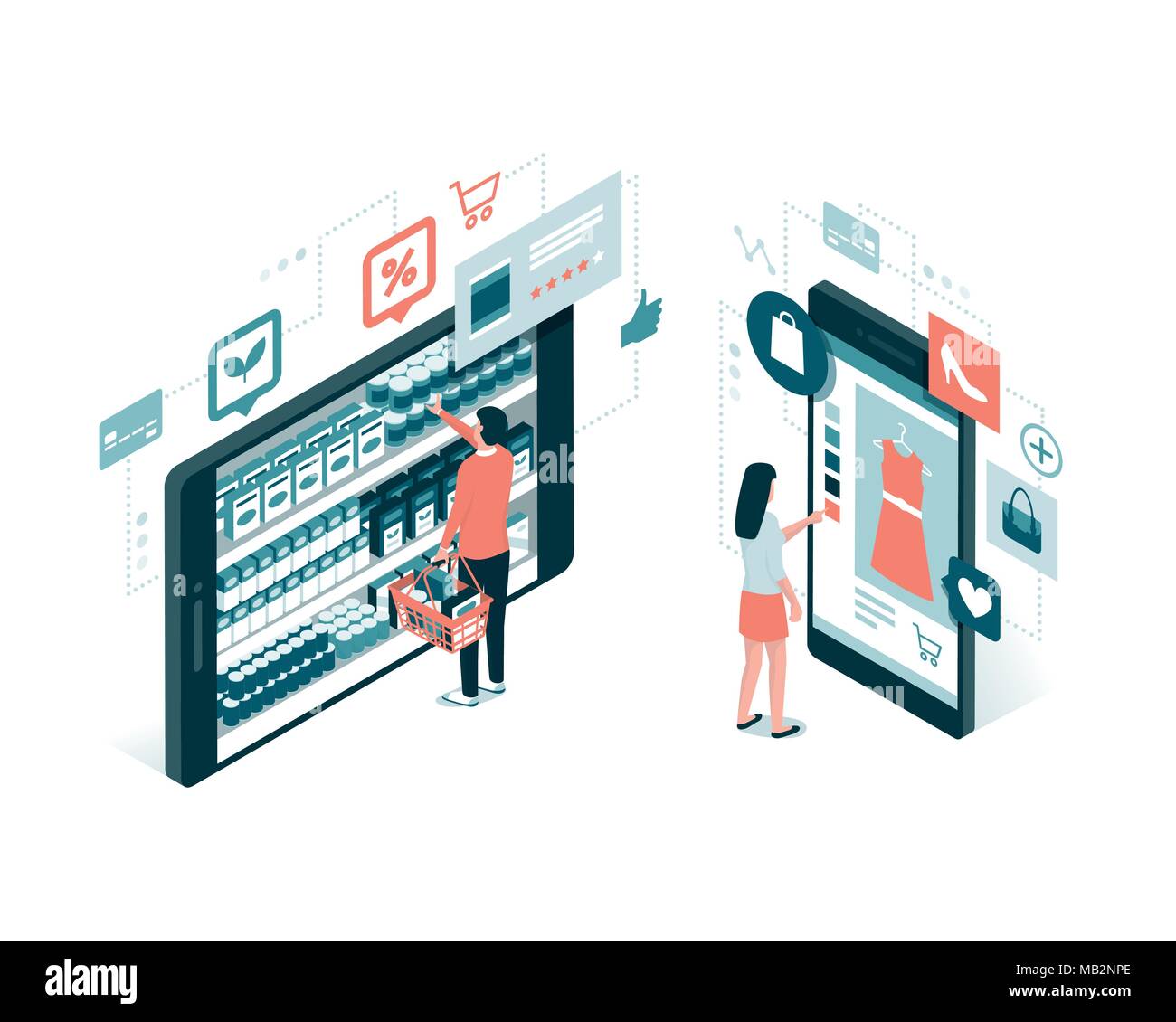 Users doing online shopping and buying grocery items using a mobile app