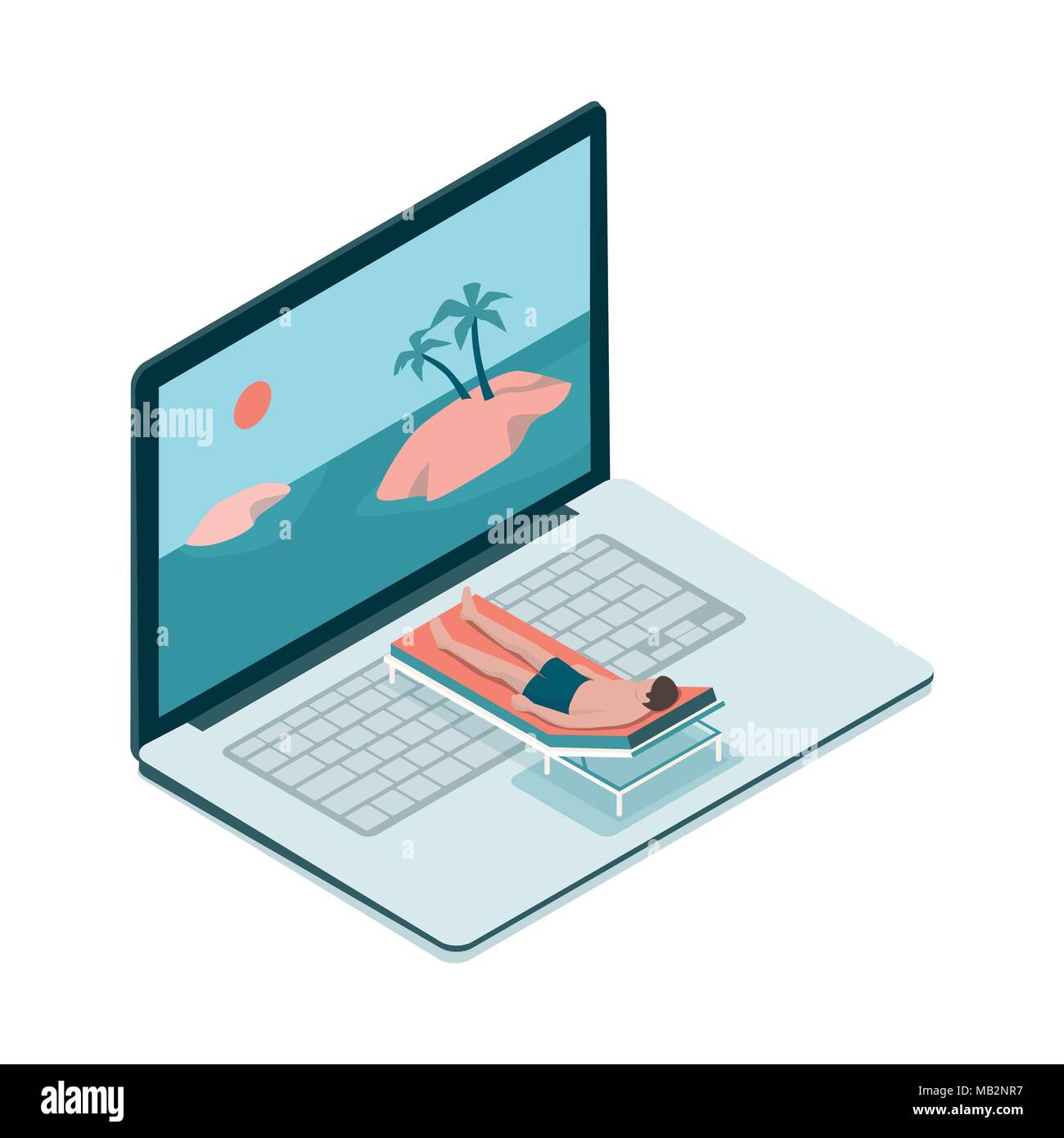 Man relaxing on a deckchair and tropical islands on the computer screen, virtual vacation concept Stock Vector
