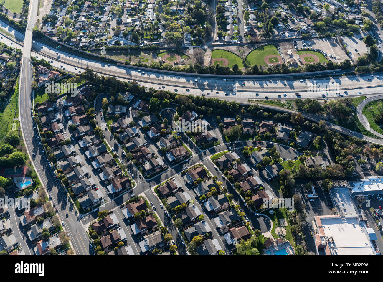 Aerial view of route 23 freeway and residential neighborhood near los