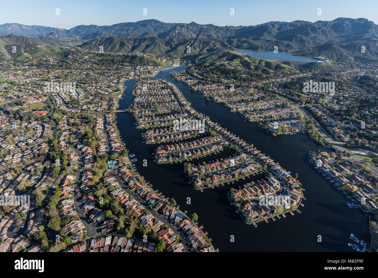 Aerial view of lake front homes around Westlake Island in the Thousand