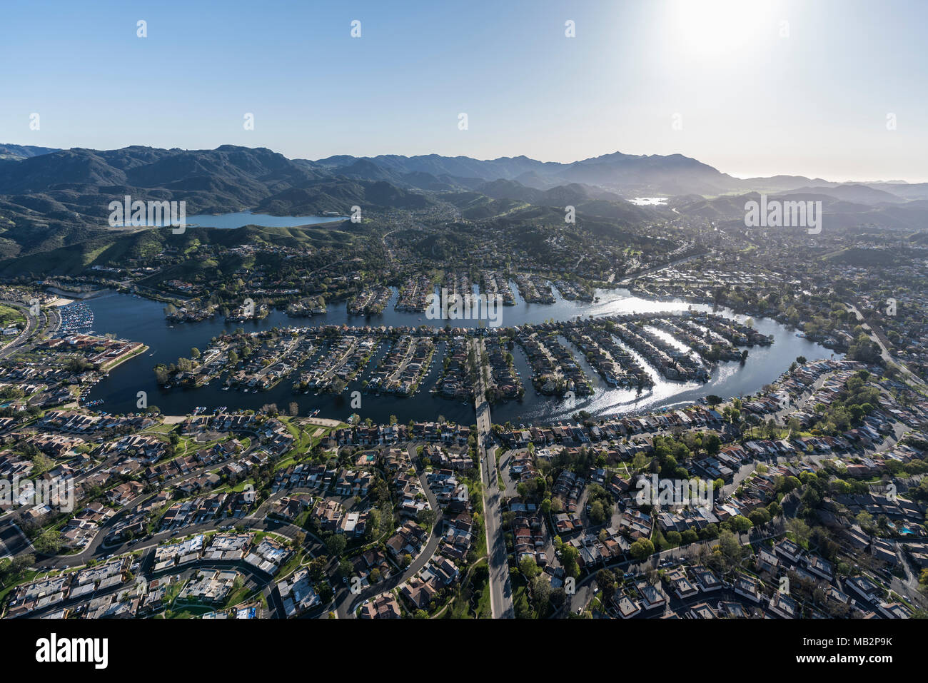 Aerial view of Westlake Island and lake near Los Angeles in suburban