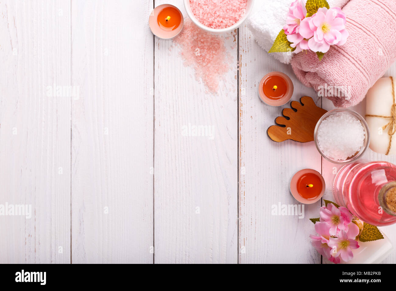 Pink Spa setting and health care items on white background. Space for text,  flat lay Stock Photo - Alamy