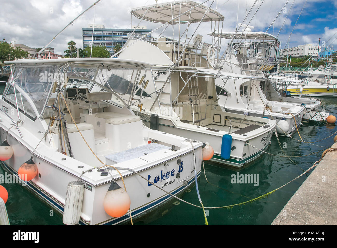 Fishing boats are docked next to each other at Bridgetown, Barbados