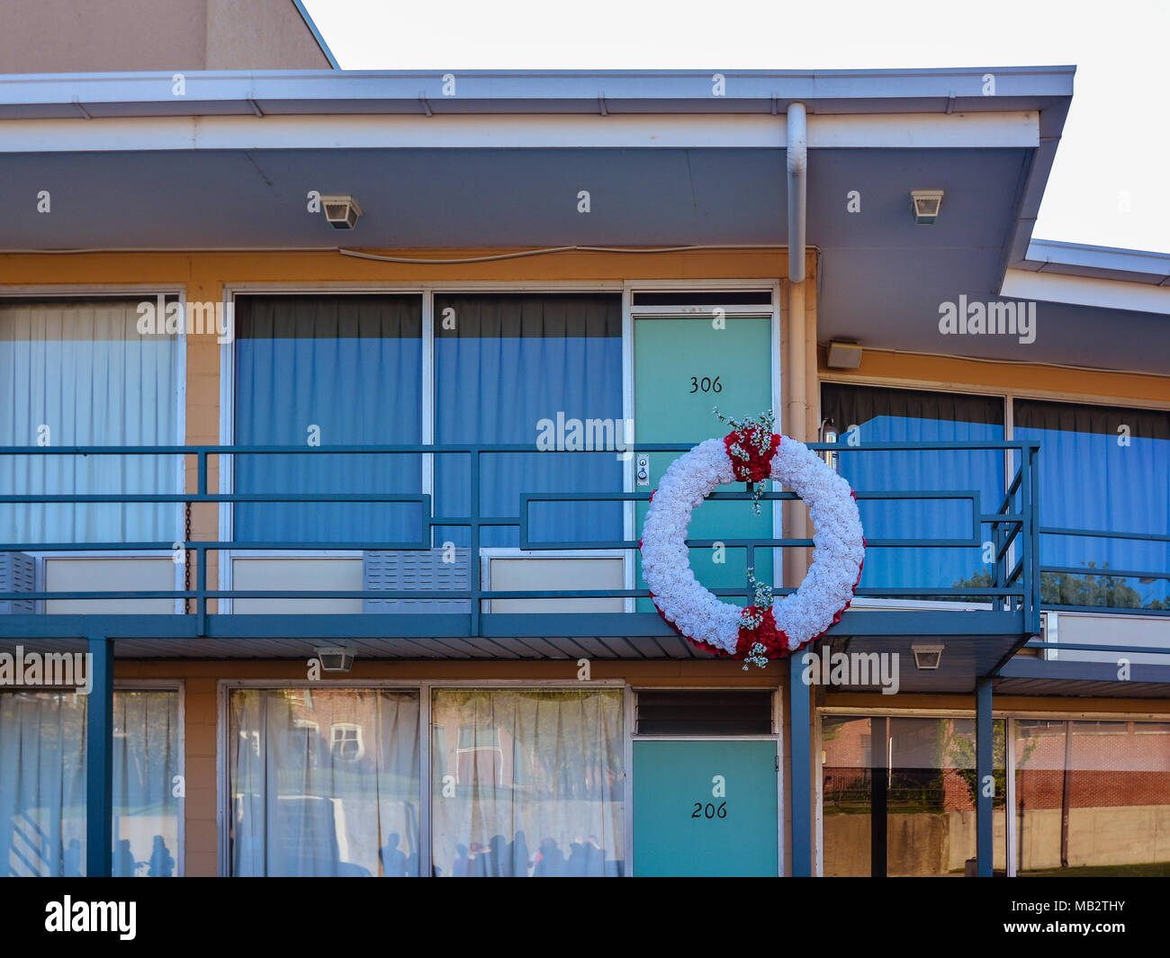 Memphis, TN - Sep. 21, 2017: Lorraine Motel balcony (marked by wreath) where Dr. Martin Luther King was felled by an assassin's bullet on 4/4/1968. Stock Photo