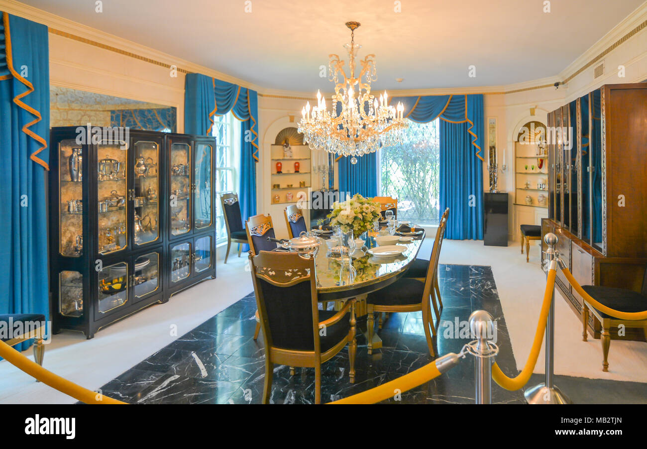 Memphis, TN - Sep. 21, 2017: Dining room in Elvis Presley's Graceland Mansion. The mansion had been placed in the National Register of Historic Places Stock Photo