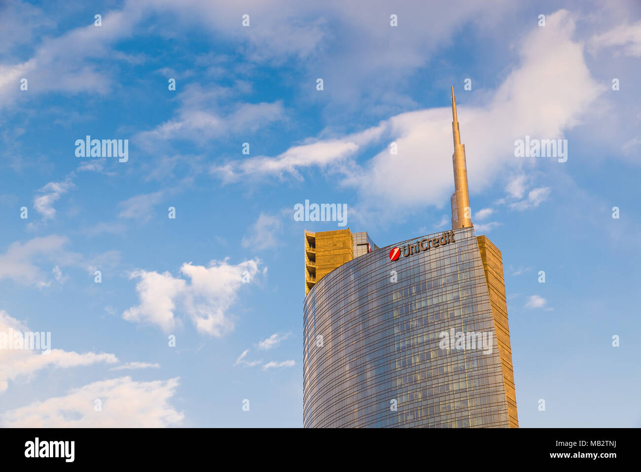 Milan, Italy - February 17, 2017:  Unicredit tower,  the tallest skyscraper in Italy, headquarters of the Unicredit offices at piazza Gae Aulenti Stock Photo