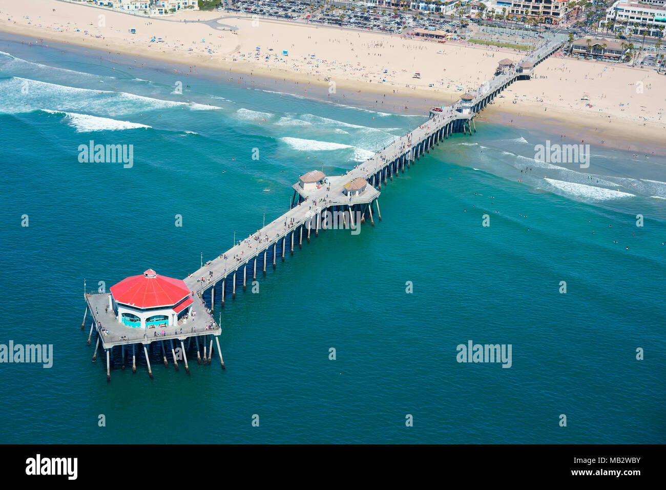 AERIAL VIEW. 564-meter-long Huntington Beach Pier. Orange County, California, USA. Stock Photo