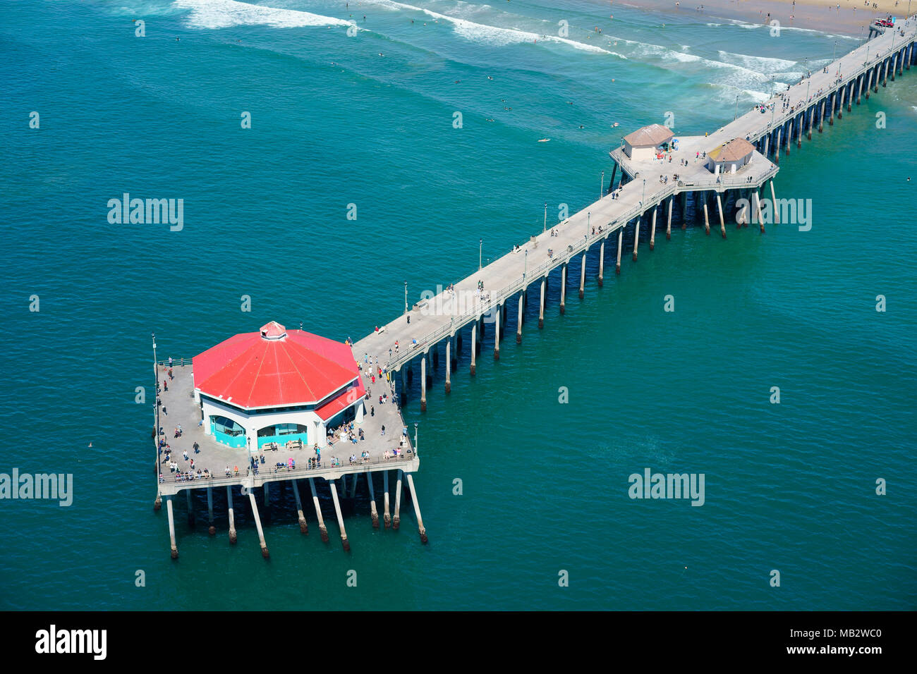 AERIAL VIEW. 564-meter-long Huntington Beach Pier. Orange County, California, USA. Stock Photo